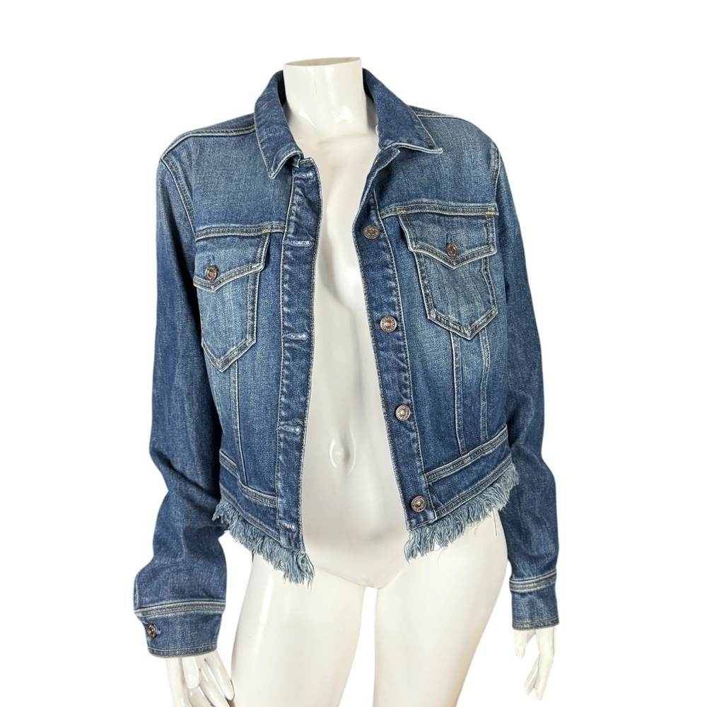 7 for all mankind women’s denim Jean jacket fringed cropped bottom size small